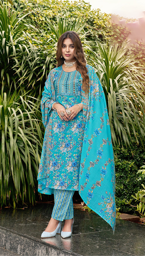 blue kurta with intricate floral embroidery, paired with matching pants and dupatta